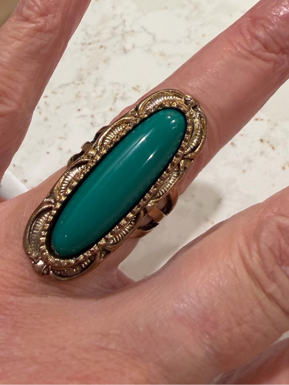 Vintage Boho Elongated Green Cabochon Statement Ring - Ornate Copper Tone